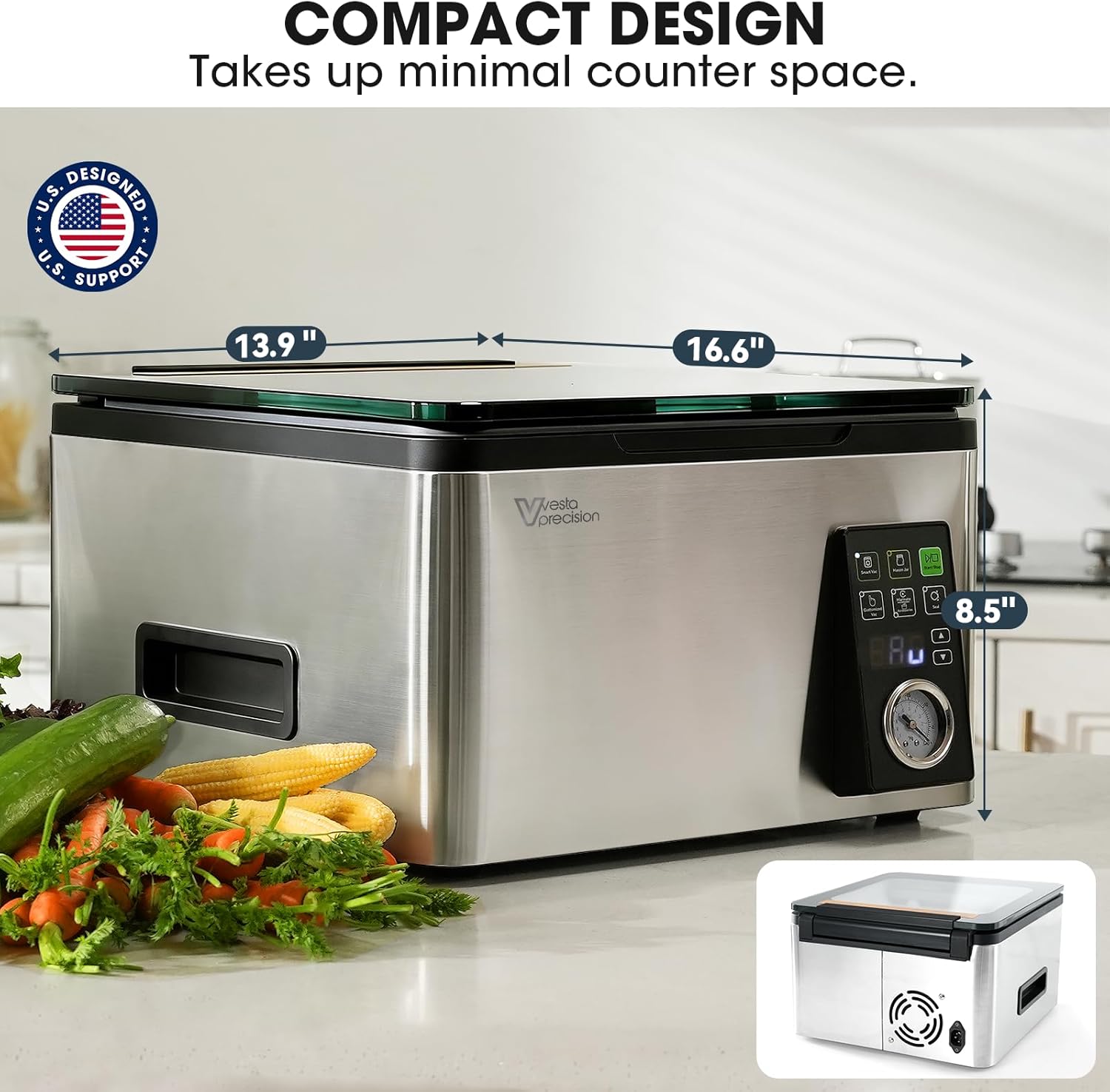 Vesta Precision 12” Chamber Vacuum Sealer, Smart Auto Vacuum Time, Easy-to-Clean System, Commercial-Grade Pump, Deep Chamber for Liquids, Meats, Mason Jars & Sous Vide, V553
