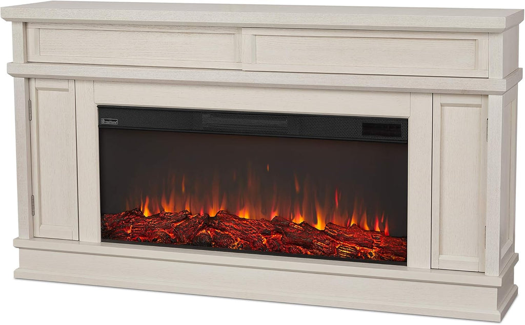 Real Flame Torrey 60” Electric Fireplace TV Stand for TVs up to 60 inches, Entertainment Center with Adjustable Shelves and Hidden Storage, TV Stand for Living Room and Bedroom, Bone White