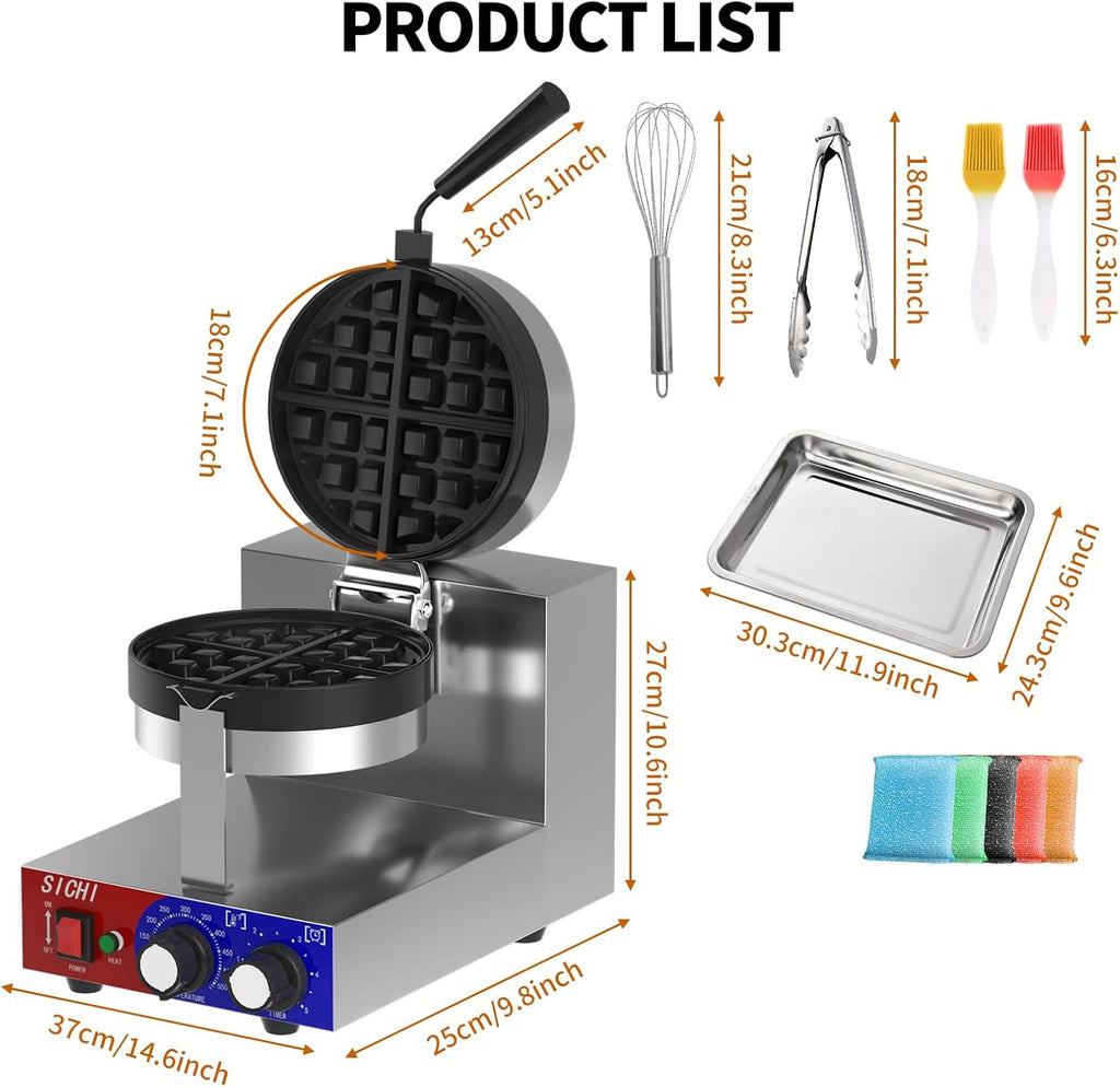Commercial Waffle Maker - Belgian Waffle Maker w/Non-stick Baking Pan and 550℉ Heating, 1200W Rotating Waffle Iron for 1.2" Thick, Stainless Steel Round Waffle Machine for Restaurant