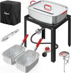 18QT Outdoor Propane Fish Fryer | 50,000 BTU Propane Deep Fryer | Includes 2 Baskets | Lid | Cover | 9" Fryer Tong & 6" Thermometer | Perfect for Cooking Fish, Chicken Wings, and Fries
