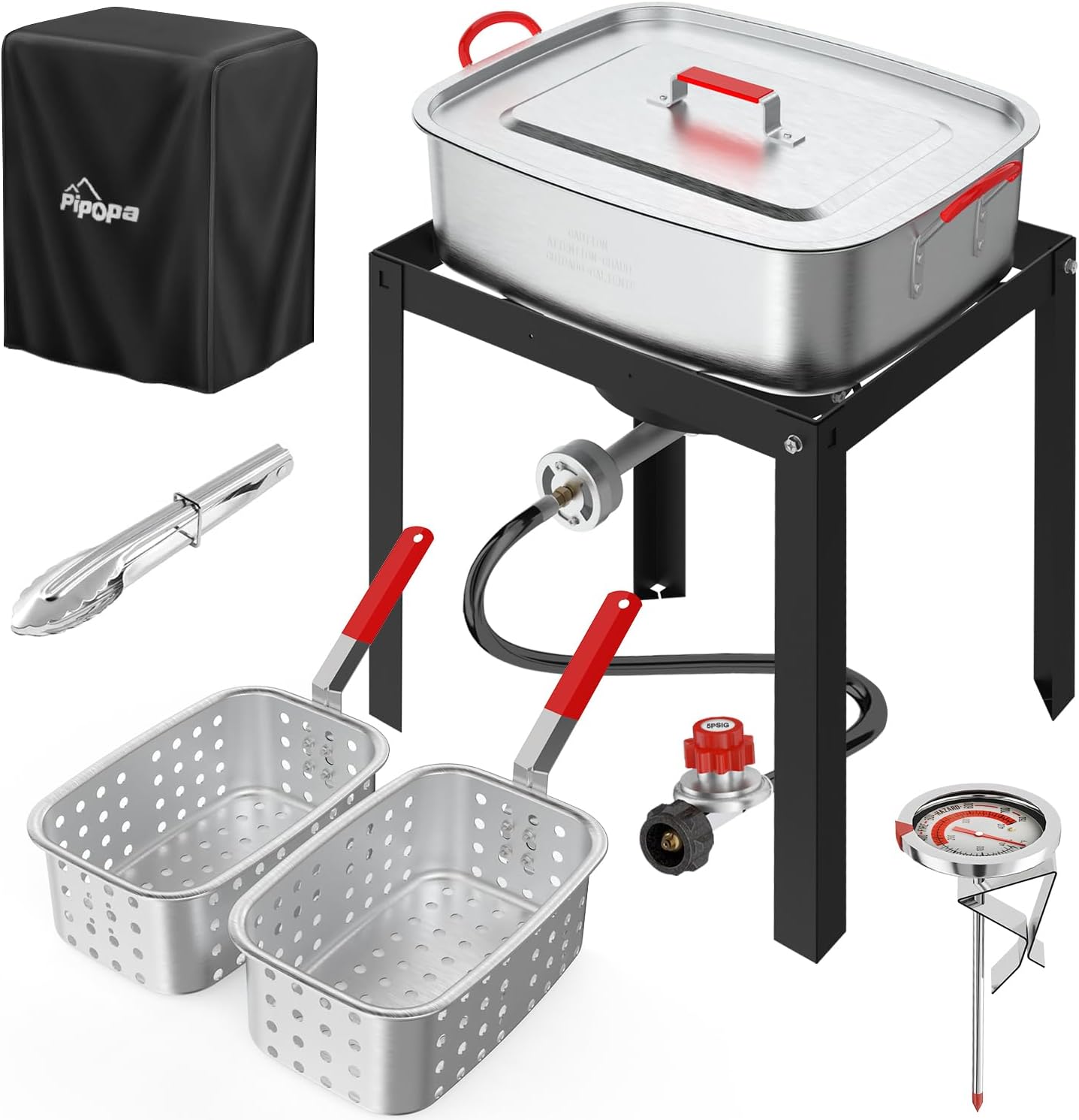 18QT Outdoor Propane Fish Fryer | 50,000 BTU Propane Deep Fryer | Includes 2 Baskets | Lid | Cover | 9" Fryer Tong & 6" Thermometer | Perfect for Cooking Fish, Chicken Wings, and Fries