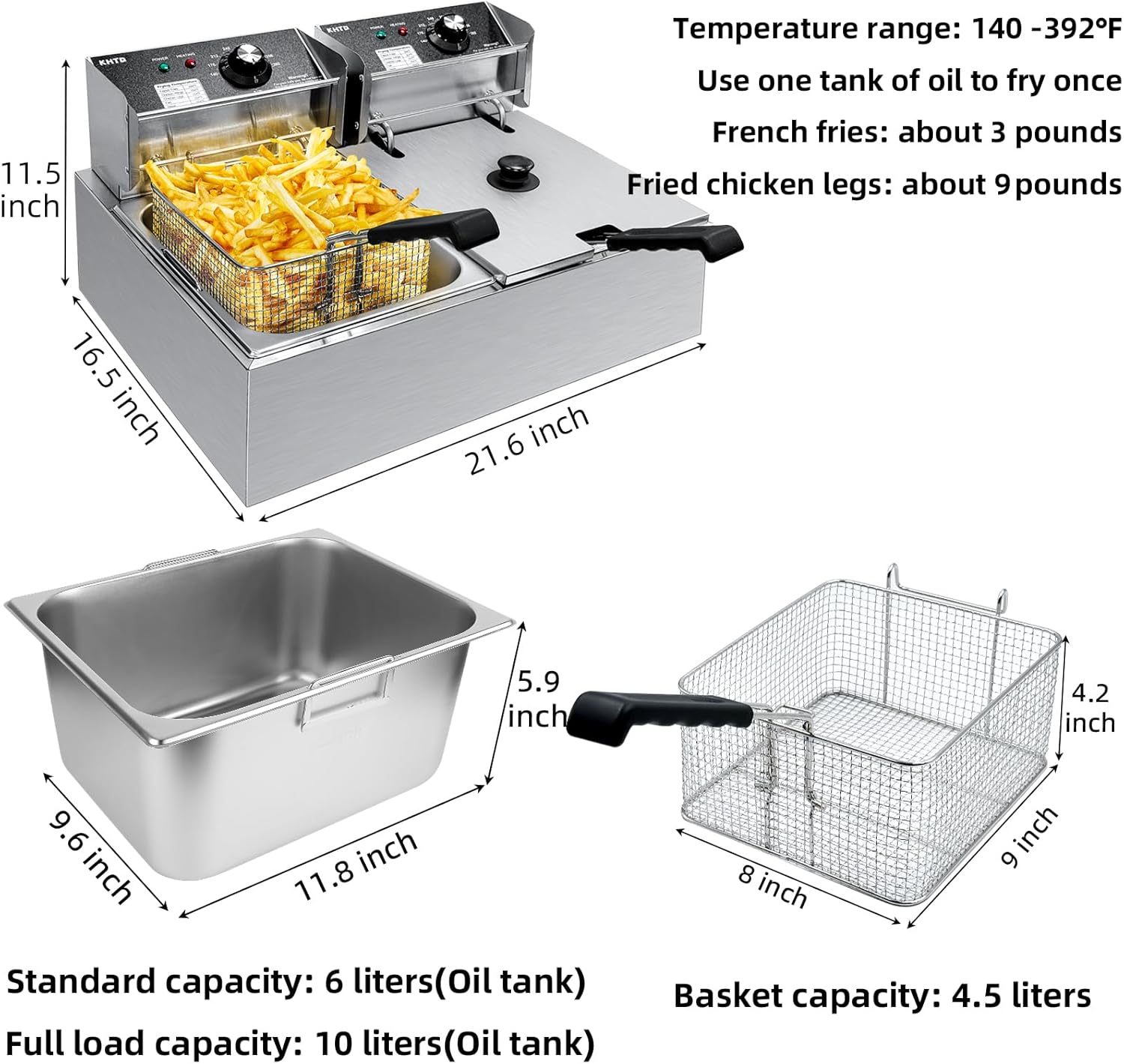 Commercial Deep Fryer with Basket - Large Capacity Stainless Steel Electric Oil Fryer for Restaurant or Home Use,3400W 12.7QT