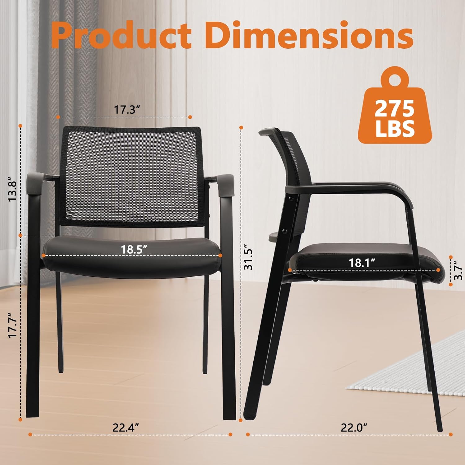 CLATINA Stackable Office Chair, Mesh Back Guest Chairs with Comfortable Leather Seat Arms Stacking Ergonomic Desk Chair No Wheels for Conference Waiting Reception School Stationary, Set of 4, Black