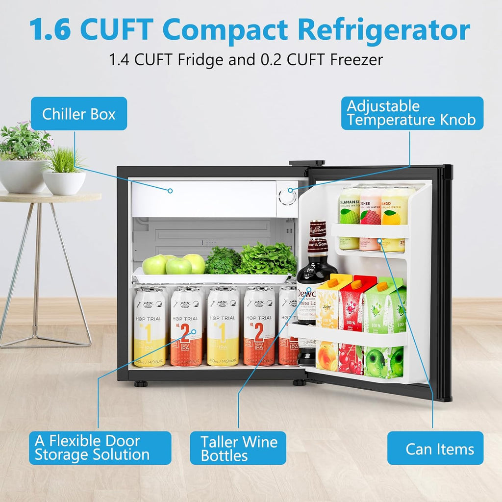 Electactic 1.7 Cu.ft Mini Fridge with Freezer, Compact Refrigerator, Single Reversible Door, Ultra Quiet, Energy Efficient for Office, Dorm, Bedroom, Apartment, Black