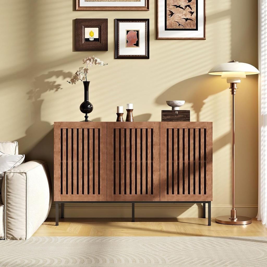 BVIUNTWO Buffet Cabinet, Modern Credenza Storage Cabinet with Adjustable Shelves and Metal Base, 47 Inch Wood Multifunctional Console Table for Kitchen, Living Room, Entryway, Brown