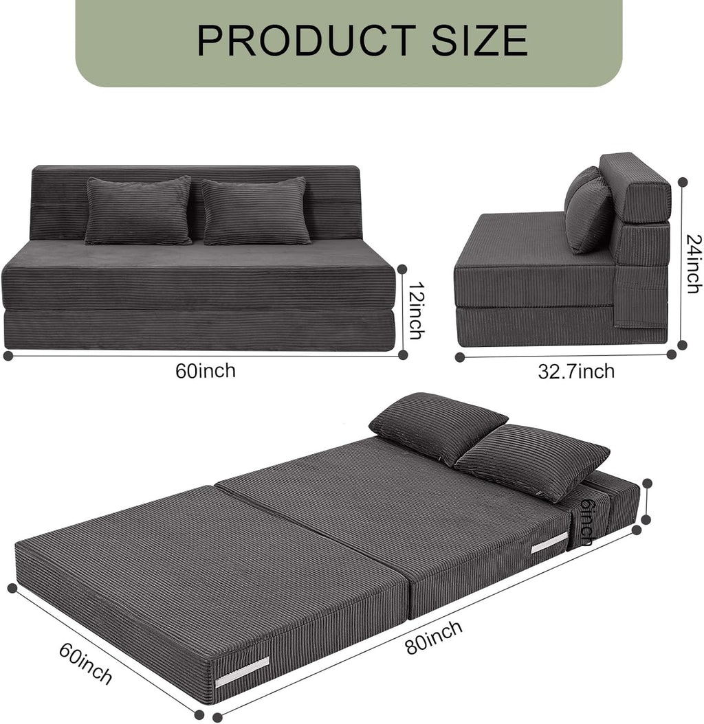 MeMoreCool Boneless Folding Sofa Bed Queen, Corduroy Convertible Sleeper Chair, Foldable Foam Mattress Chair, Comfy Fold‑Out Futon Couch Bed, Large Floor Sofa Couch for Living‑Room Guest
