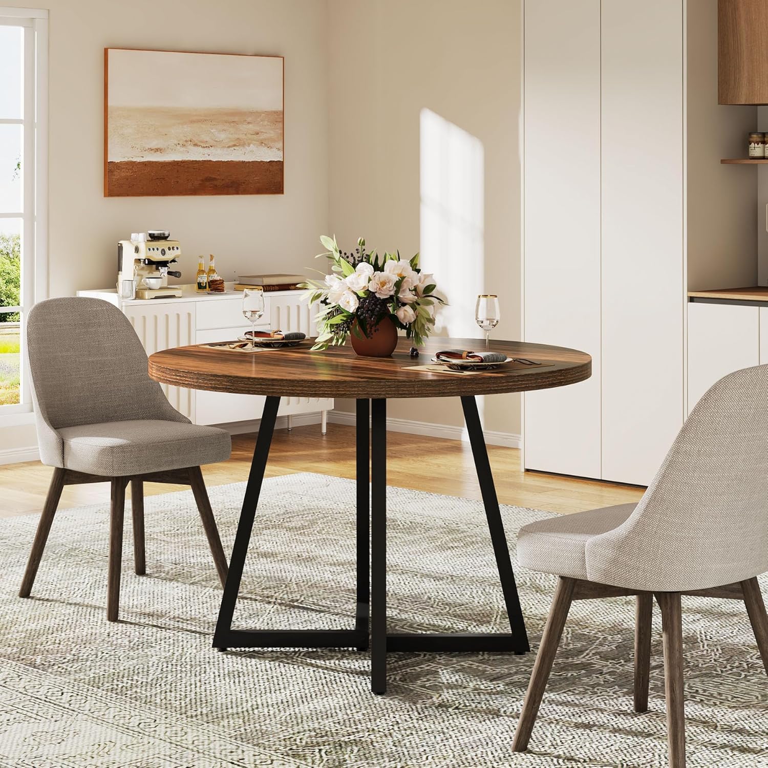 Tribesigns Round Dining Table for 2, 31.5" Industrial Kitchen Table with Metal Base, Small Table for Dining Room, Small Space, Apartment, Office, Restaurant, Rustic Brown & Black