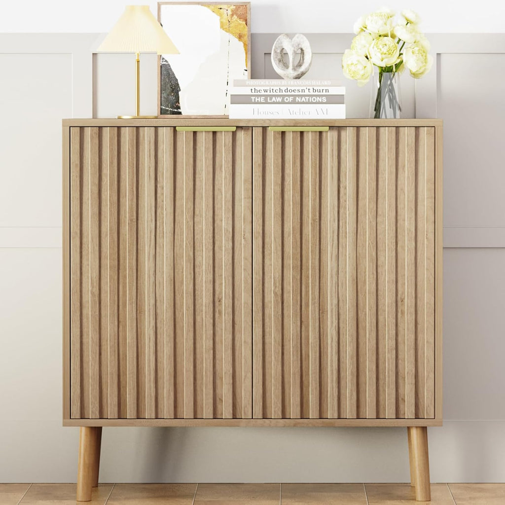 Vrullu Fluted Storage Cabinet, Free Standing Buffet, Wood Sideboard, Multifunctional Accent Storage for Living Room, Hallway, Entryway, Dining Room (1, Oak)