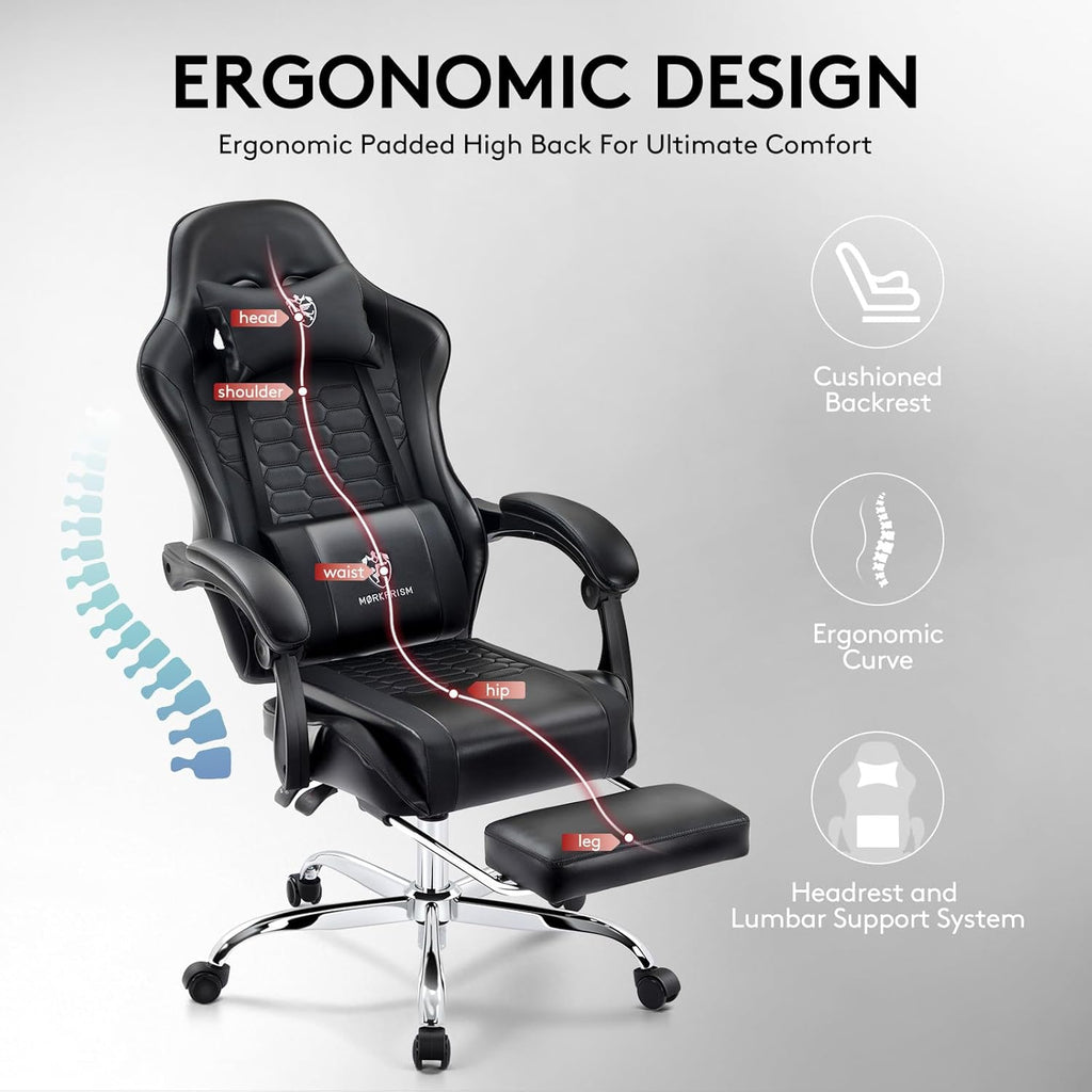 Gaming Chair,Computer Office Chair with Footrest,Massage Lumbar Support and Gel Pad,Ergonomic Reclining Adjustable Leather Gamer Chair with Headrest and Spring Cushion Black