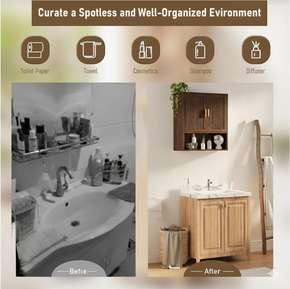 INNOD Bathroom Storage Cabinet, Medicine Cabinet with Adjustable Wood Shelf & Doors, Over The Toilet Storage Cabinet for Laundry Room & Kitchen & Living Room (Walnut)