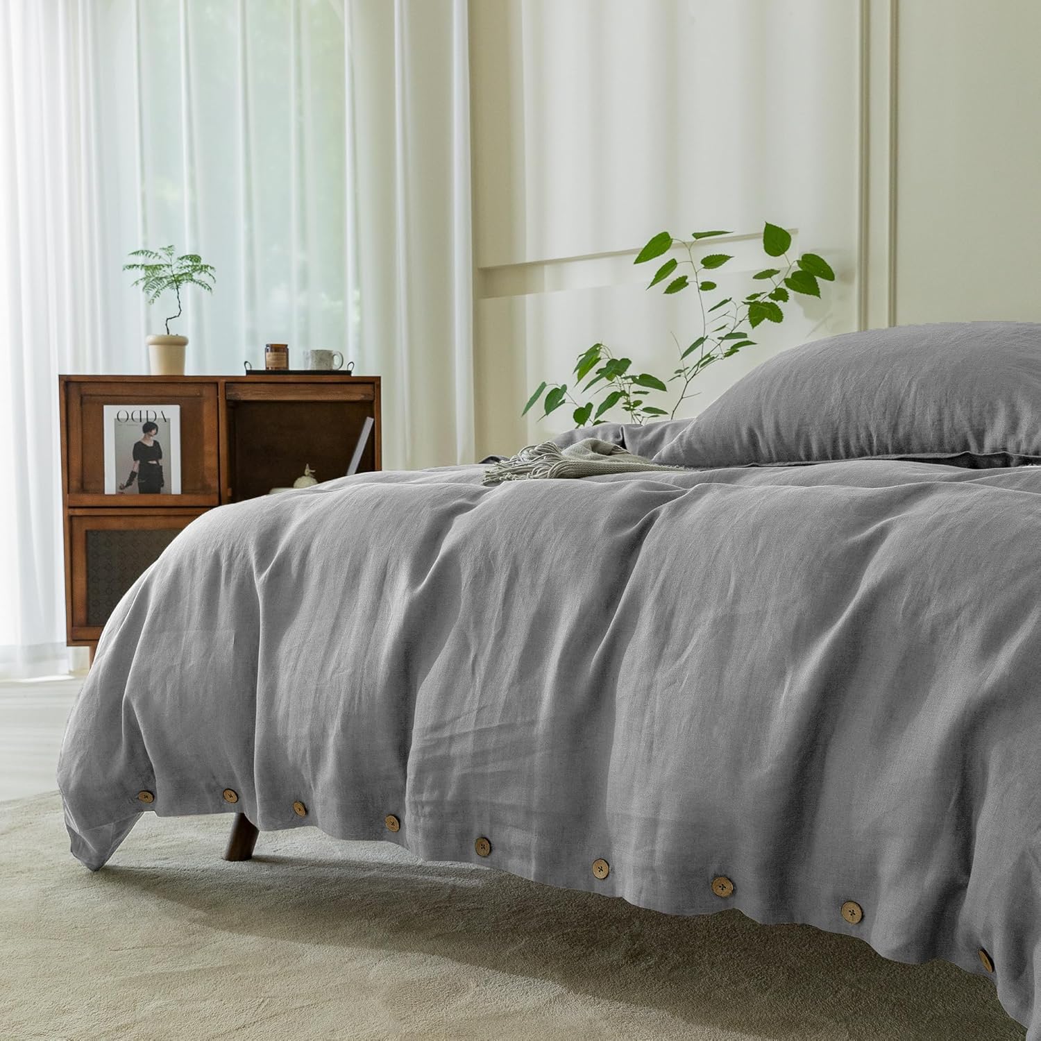 EVERLY 100% Pure Linen Duvet Cover Set Queen Size 90X90Inch 3pcs (1 Duvet Cover,2 Pillowcases) Soft and Breathable for All Season with Coconut Button Closure, Suitable for Hot Sleepers-Grey