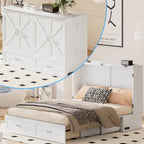 Mjkone Murphy Bed, Cabinet Beds Queen Size with Mattress Included, Built-in Charging Station and Drawer, 63" W Queen Cabinet Murphy Bed, Hidden Guest Beds for Living Room, Bedroom, Apartment, White