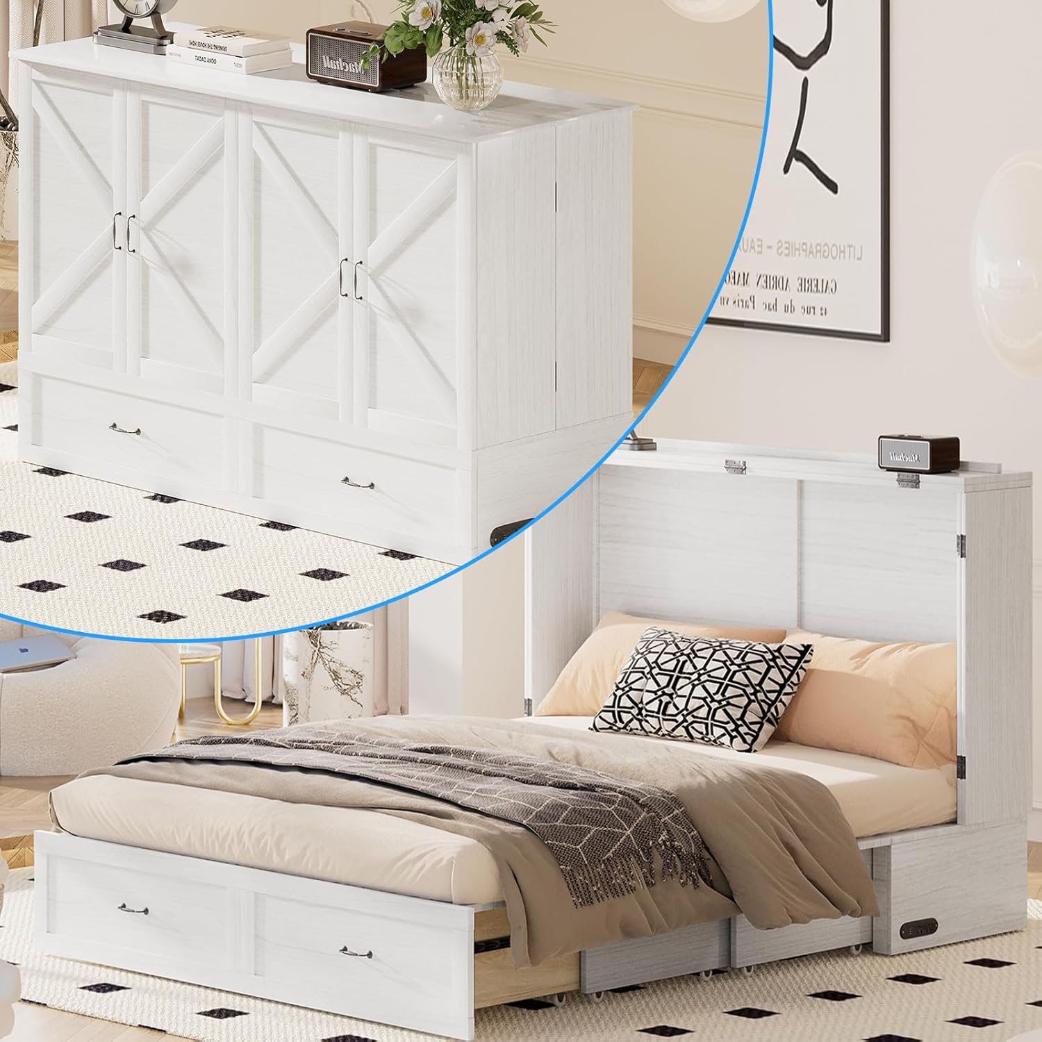Mjkone Murphy Bed, Cabinet Beds Queen Size with Mattress Included, Built-in Charging Station and Drawer, 63" W Queen Cabinet Murphy Bed, Hidden Guest Beds for Living Room, Bedroom, Apartment, White
