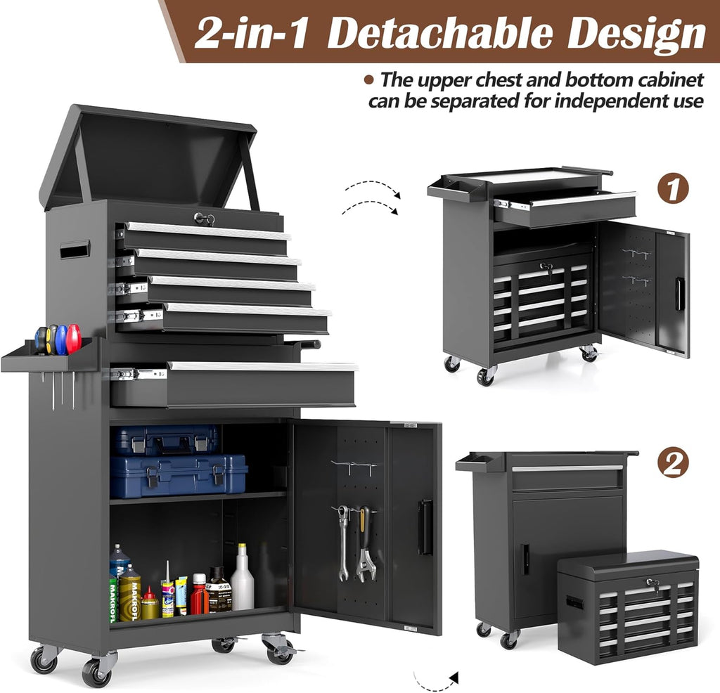 Tool Chest, 5 Drawer Rolling Tool Storage Cabinet with Detachable Top Tool Box, Metal Tool Cart with Lockable Wheels & Sliding Drawers for Garage, Workshop