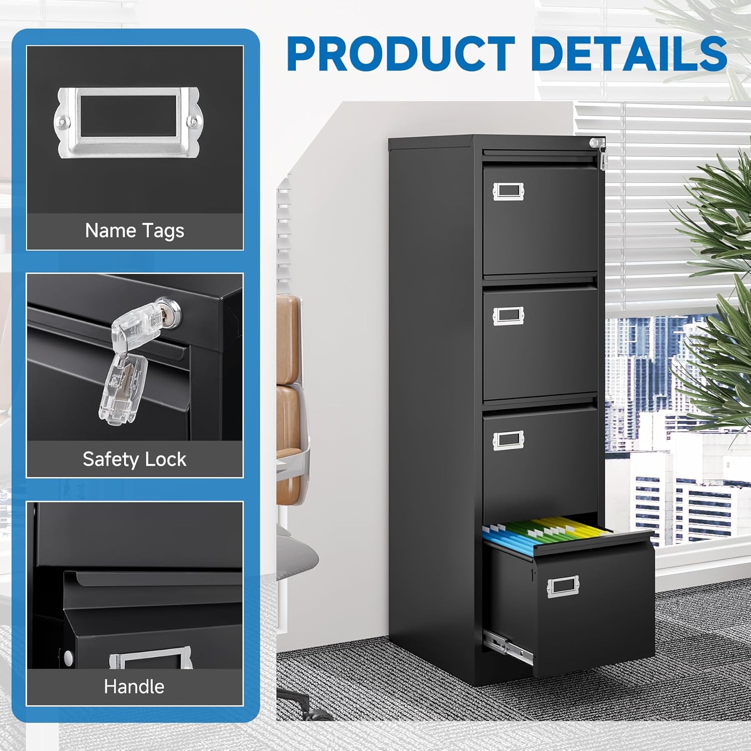 BYNSOE 4 Drawer File Cabinet with Lock Metal Vertical File Cabinet Office Home Vertical File Cabinet for A4 Legal/Letter Size Narrow File Cabinet Locked,Assembly Required (Black, 4 Drawers- Vertical)