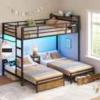 DICTAC Triple Bunk Bed for Kids with Storage Drawers and Charging Station Twin Over Twin Metal Bunk Bed with Storage Shelves and Box,3 Beds with Guardrails and Ladder, No Box Spring Needed, Black