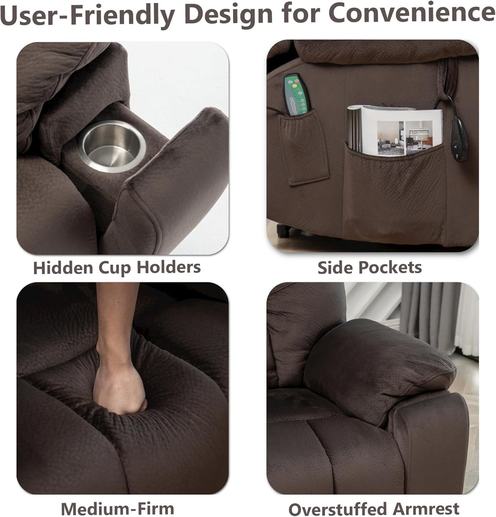 Oversized Power Recliner Chair for Elderly, Big and Tall Electric Lift Recliners with Massage and Heat, Overstuffed Wide Large Living Room Reclining Sofa, Hidden Cup Holder, Velnet Dark Brown