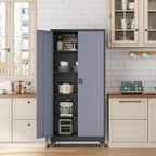 Metal Rolling Storage Cabinet-74.6” Tall Steel File Cabinets with Wheels Lockable Doors and Adjustable Shelves-Black & Gray Steel Storage Cabinet for Home, School, Office, Garage