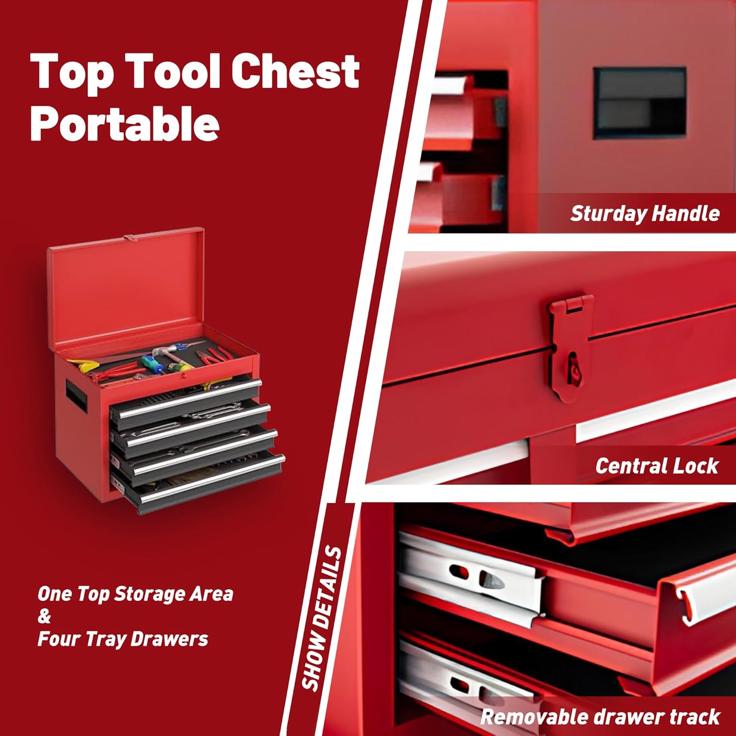 5 Drawers Tool Cart on Wheels with 1 Cabinet, Multifunctional Removable Rolling Tool Chest Storage Set, Tool Trolley Organizer Tool Box for Garage,Warehouse,Workshop,Repair Shop (Red)