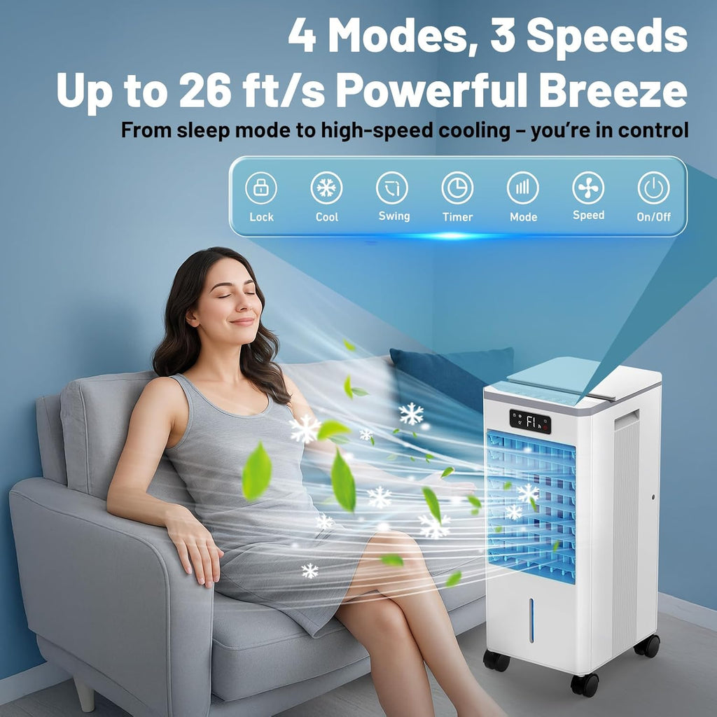 VeRosky Portable Air Conditioners, 3-in-1 Evaporative Air Cooler with Remote, 2-Gal Water Tank, 4 Modes & 3 Speeds, Quiet Windowless Swamp Cooler for Bedroom, Room, Office, Small Spaces(White)