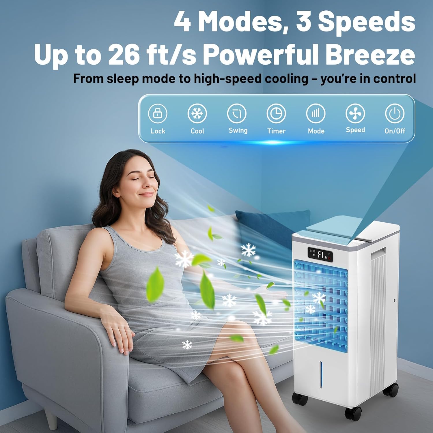 VeRosky Portable Air Conditioners, 3-in-1 Evaporative Air Cooler with Remote, 2-Gal Water Tank, 4 Modes & 3 Speeds, Quiet Windowless Swamp Cooler for Bedroom, Room, Office, Small Spaces(White)