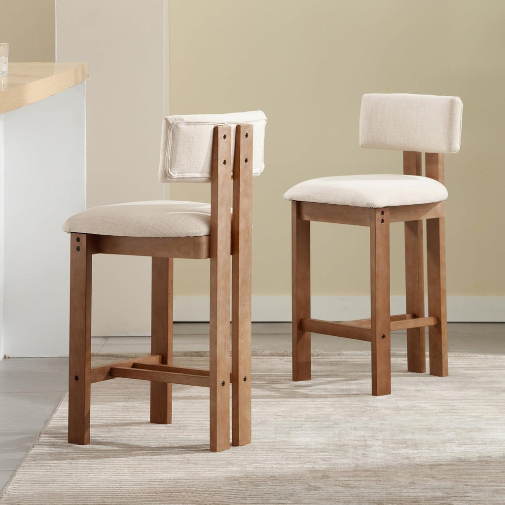 Mid Century Modern 26" Counter Bar Stools Set of 2, Farmhouse Comfy Upholstered Wooden Counter Height Barstools with Footrest for Kitchen Island/Home Bar/Cafe, Linen Beige White