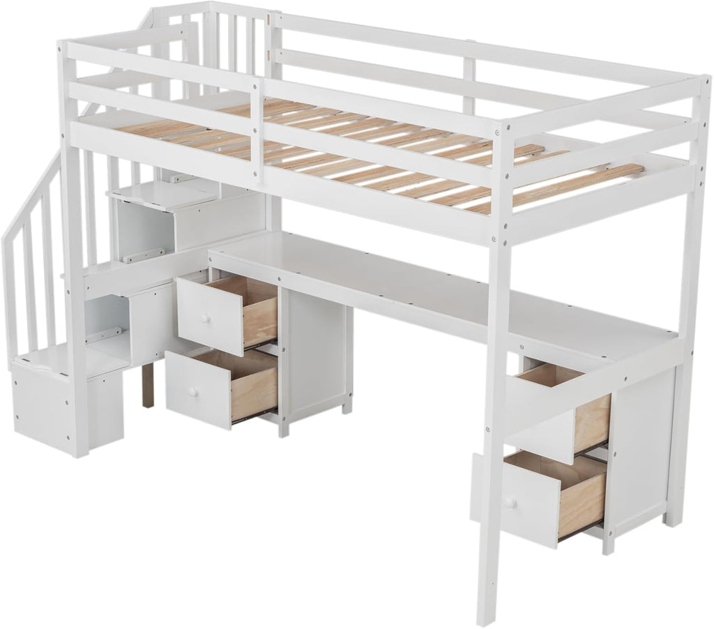 Harper & Bright Designs Low Loft Bed Twin Size with Desk, Twin Loft Bed with Drawers & Stairs & Guardrails for Kids Bedroom Guest Room, Under-Bed Space, No Box Spring Required, Space Saving, White