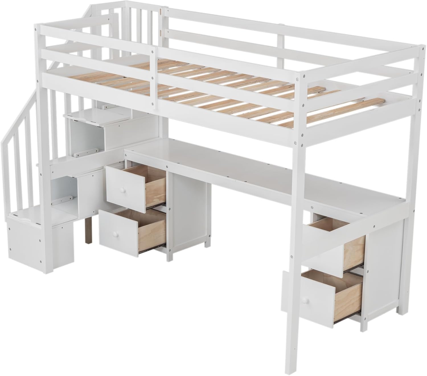 Harper & Bright Designs Low Loft Bed Twin Size with Desk, Twin Loft Bed with Drawers & Stairs & Guardrails for Kids Bedroom Guest Room, Under-Bed Space, No Box Spring Required, Space Saving, White
