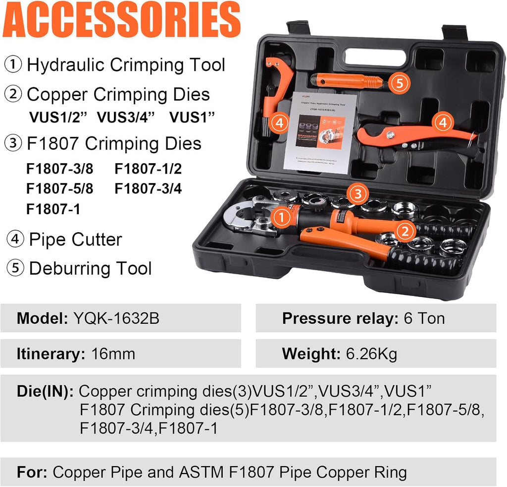 HZLZRZ Pro Press Copper and PEX Pipe Crimper Kit: 8 dies Set with Dies for 1/2" 3/4" 1" Copper Pipe ASTM F1807 PEX Copper Rings (5 Sizes 3/8" to 1"), Professional Tool for Plumbing Systems(YQK/1632B)