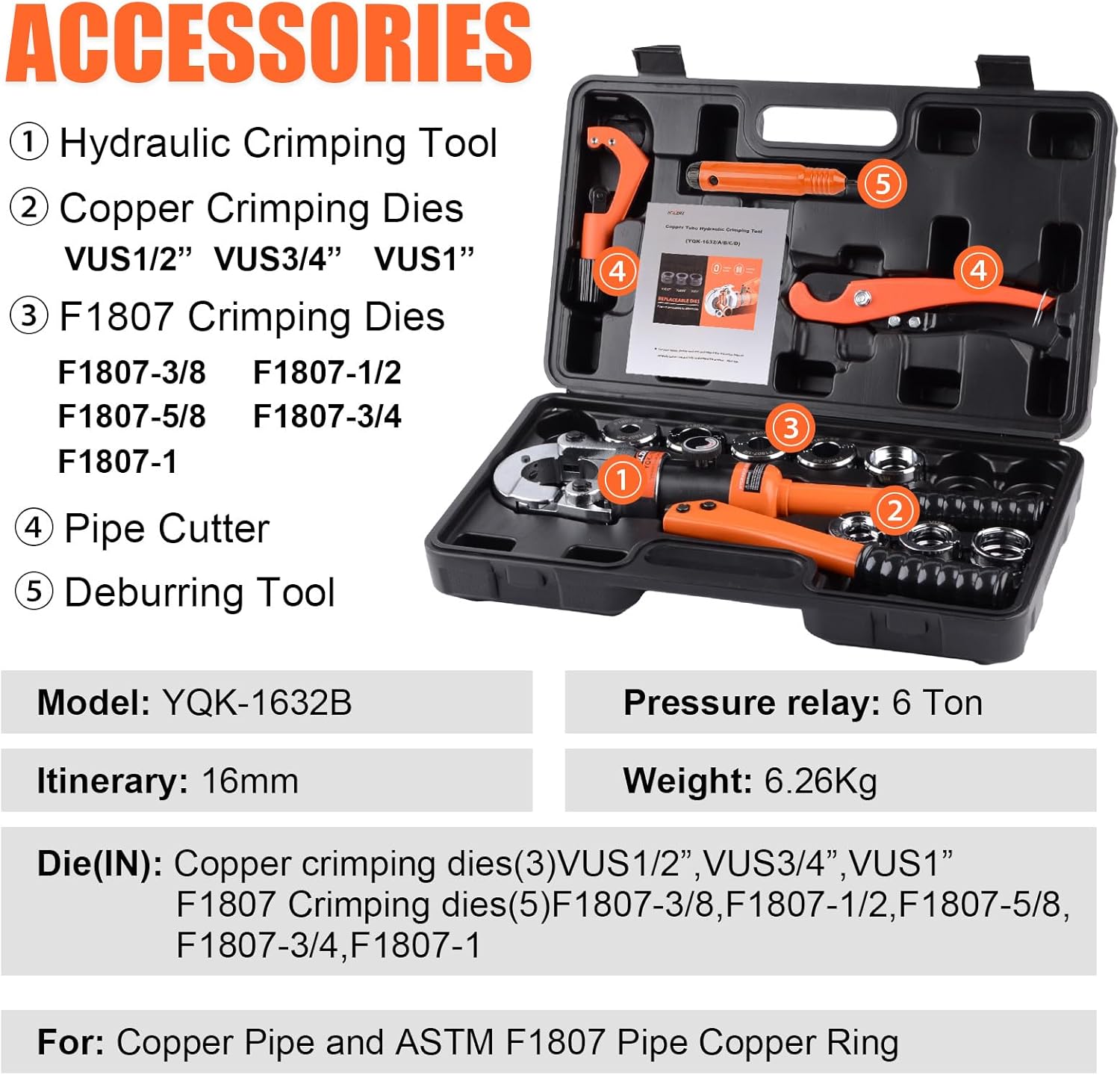HZLZRZ Pro Press Copper and PEX Pipe Crimper Kit: 8 dies Set with Dies for 1/2" 3/4" 1" Copper Pipe ASTM F1807 PEX Copper Rings (5 Sizes 3/8" to 1"), Professional Tool for Plumbing Systems(YQK/1632B)