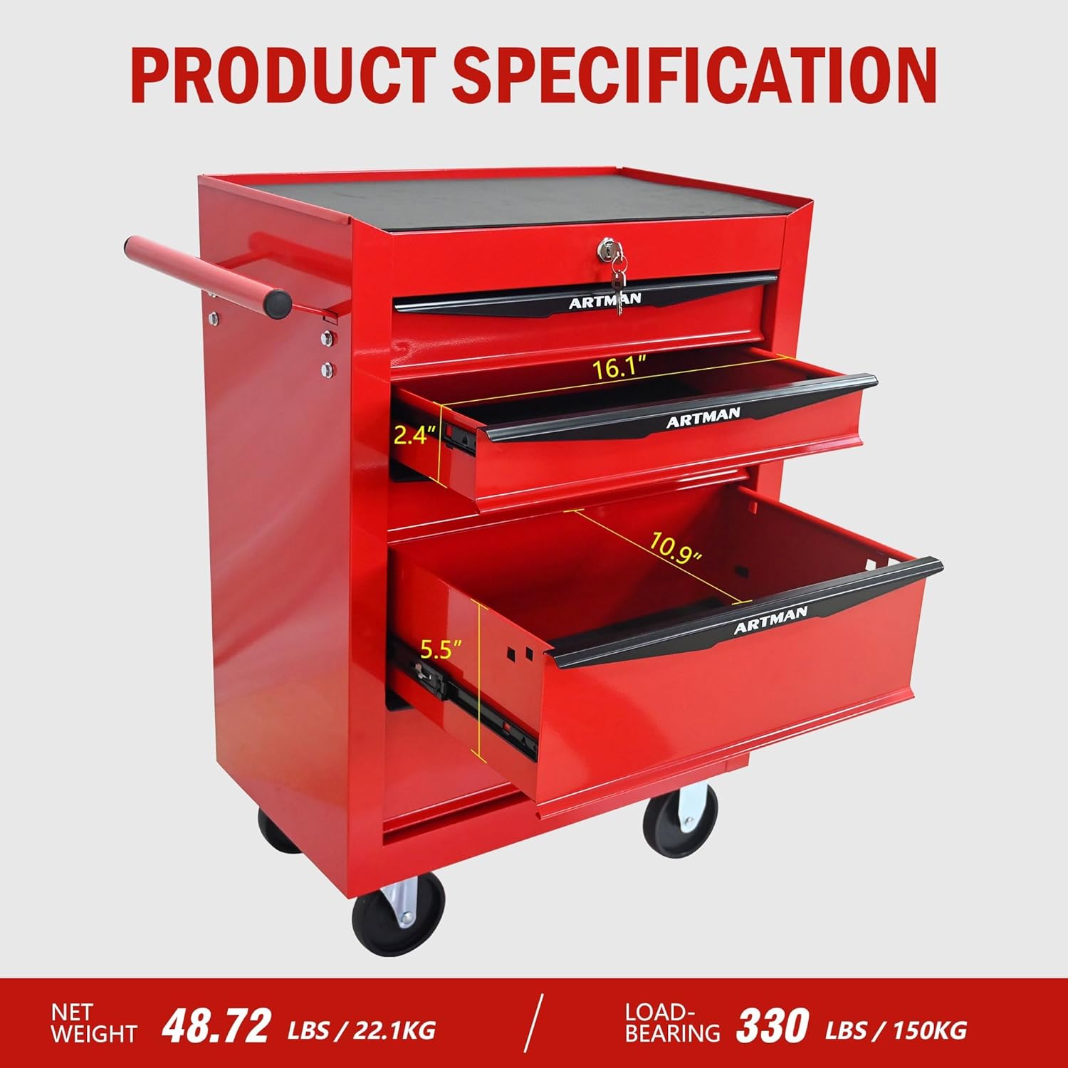 5 Drawers Tool Cart on Wheels, Multifunctional Rolling Tool Chest, Drawers Mobile Trolley Organizer Heavy Duty Tools Box with Locking Wheels & Ball Bearing Drawers (Red, 5 Drawers)