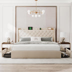 Upholstered King Size Bed Frame with 4 Storage Drawers, Modern Platform Bed with Wingback Headboard, Charging Station, No Box Spring Needed, Beige
