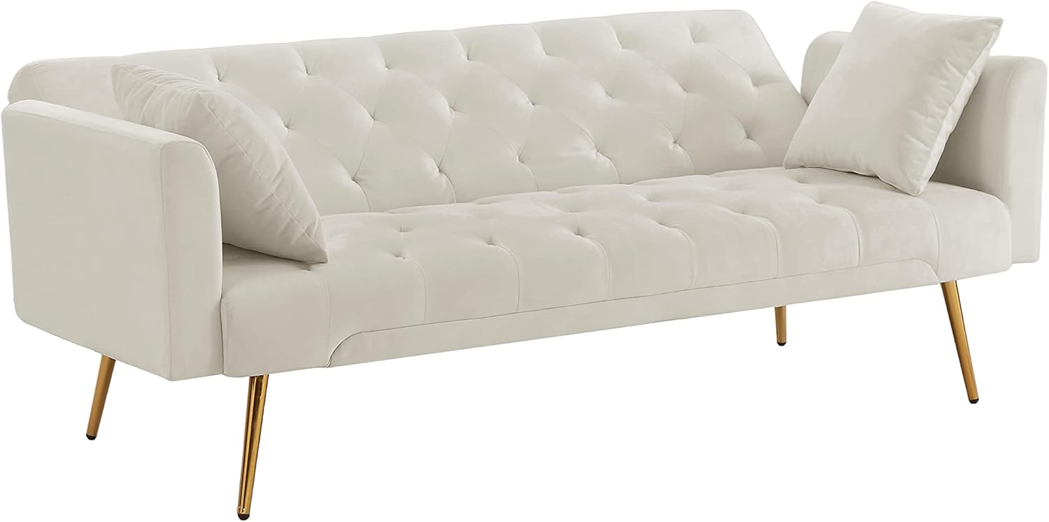 Anwick 72''Modern Velvet Sofa Bed Futon,Convertible Folding Sleeper Couches with 3 Adjustable Backrests,Tufted Recliner Love Seat Golden Chrome Legs for Living Room Apartment Home Office (Beige)