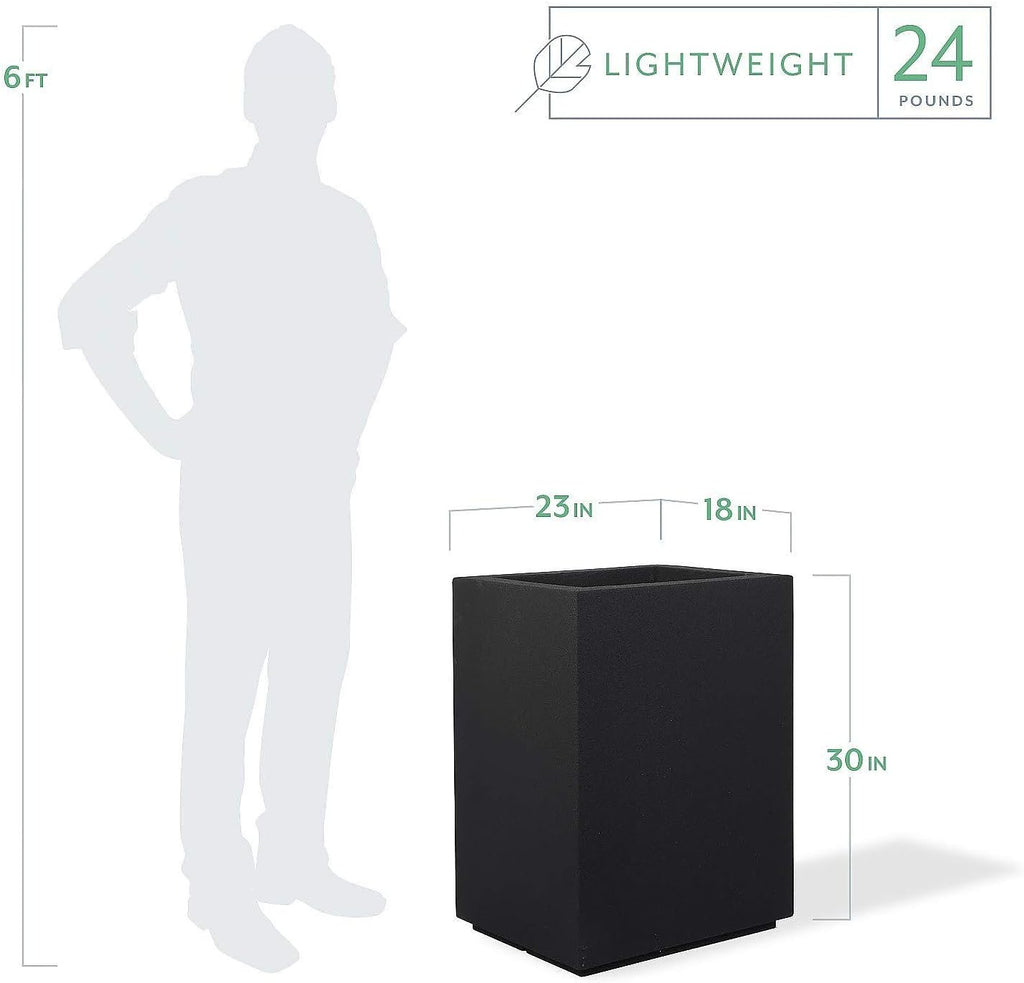 PolyStone Cozumel Tall Modern Outdoor/Indoor Column Planter  18" L x 23" W x 30" H  Lightweight  Heavy Duty  Weather Resistant  Polymer Finish  Commercial Grade and Residentia (Black)