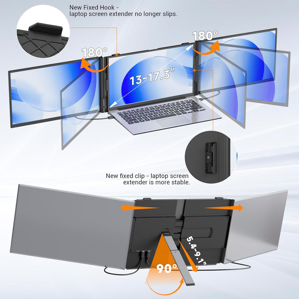Laptop Screen Extender 0.17" Ultra-Thin  14" 1080P FHD IPS Portable Monitor  Triple Screen Laptop Monitor Extender for 13"-17" Laptops  Plug & Play for Mac/Android/Chrome