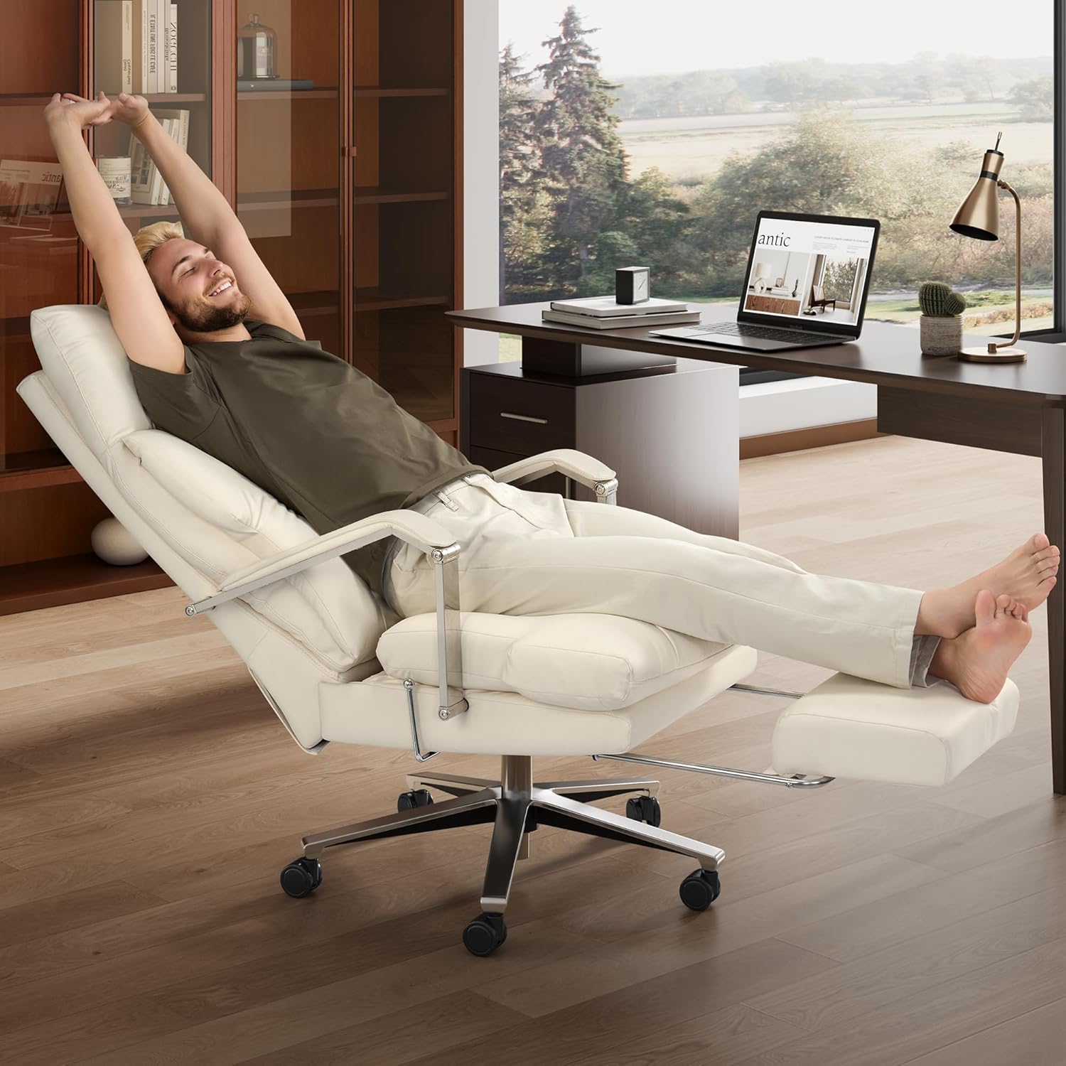 M76 160° Reclining Office Chair with Footrest, 10" Thick Cloud Cushion Executive Desk Chair, Extra Wide Cross-Legged Ergonomic Chair for Big and Tall, Adjustable Seat Depth, Easy Assembly, Cream