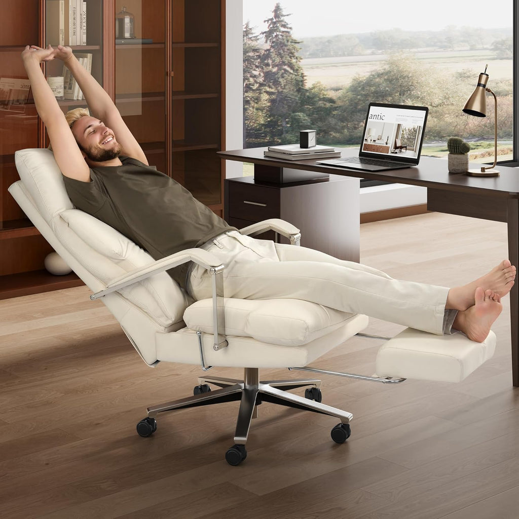 M76 160° Reclining Office Chair with Footrest, 10" Thick Cloud Cushion Executive Desk Chair, Extra Wide Cross-Legged Ergonomic Chair for Big and Tall, Adjustable Seat Depth, Easy Assembly, Cream