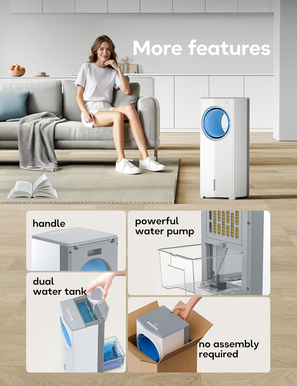 Windowless Portable Air Conditioner, 26.1" Small Evaporative Air Cooler for Room No Window, 3-Speed Settings, 4 Modes, 7H Timer, Remote Control, 4 Ice Packs, Quiet AC Unit for Bedroom, White