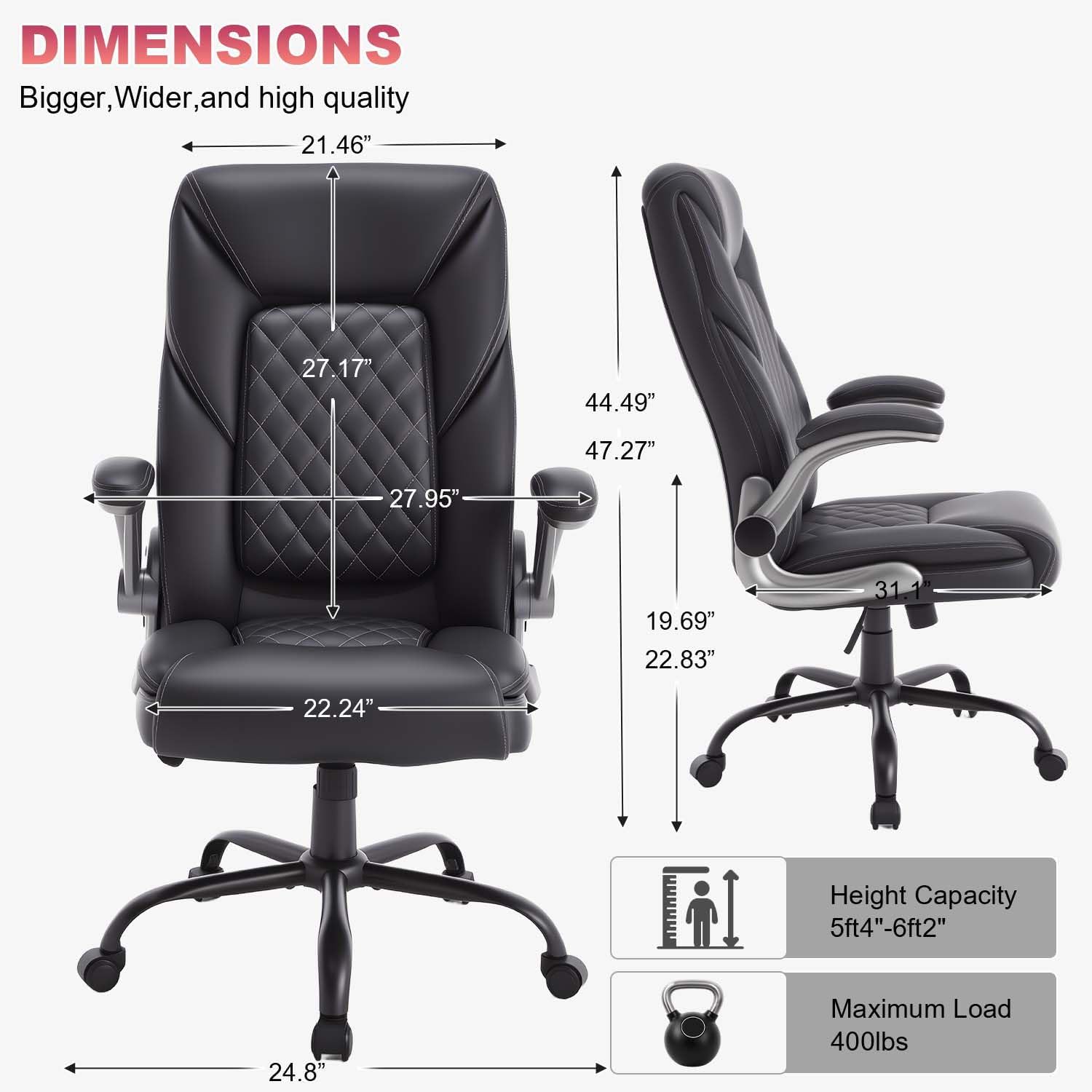 Ergonomic Executive Office Chairs with Lumbar Support Wheels PU Leather Padded Home Desk Chairs with Adjustable Flip Arms, Black
