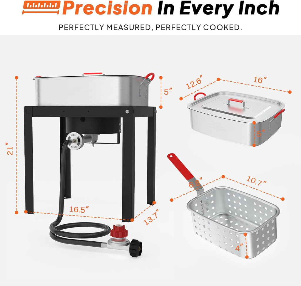18QT Propane Deep Fryer | Outdoor Fish Fryer with 2 Baskets,Tong, Cover,Lid & Thermometer | Aluminum Deep Fryer with 55,000 BTU Propane Burner - Ideal for Fish, Chicken Wings & Outdoor Gatherings