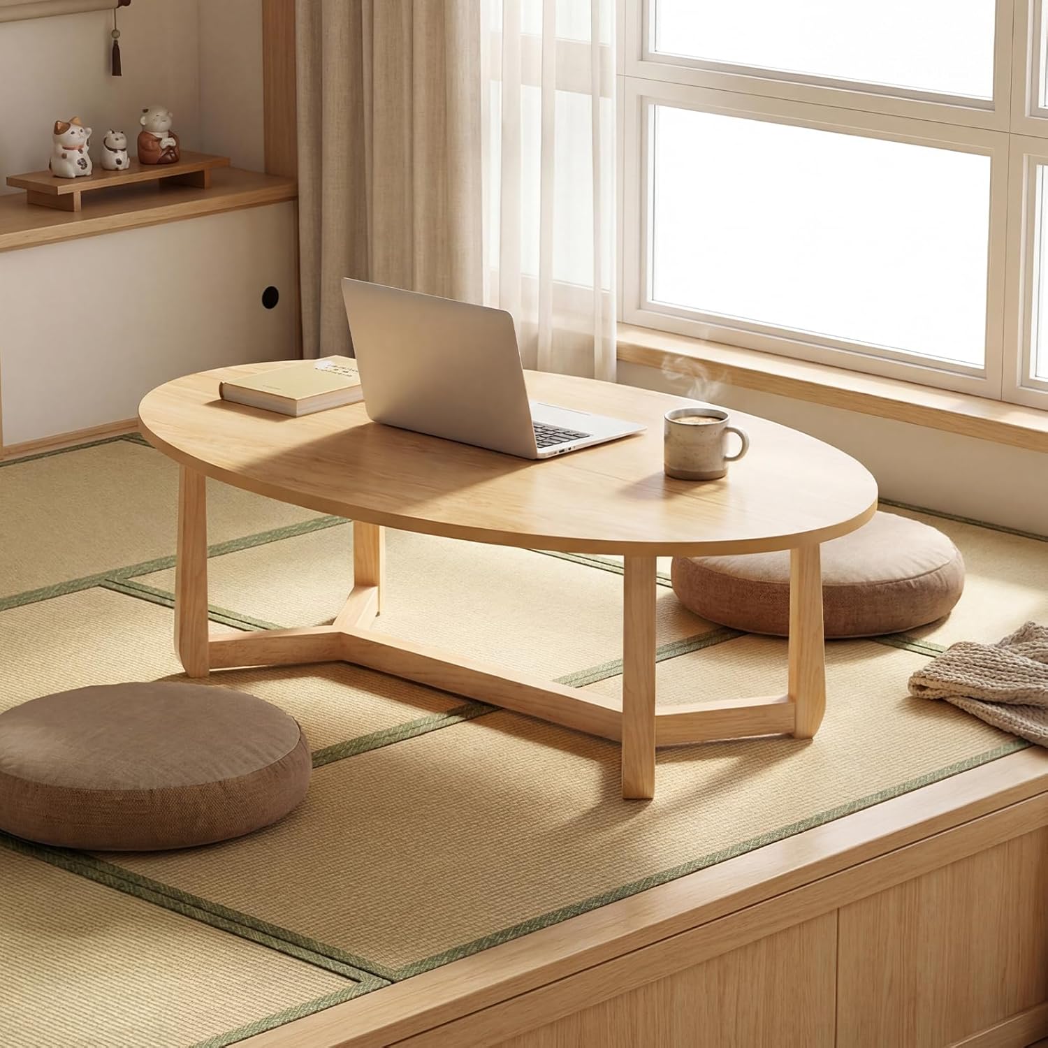 Giantex Oval Coffee Table, 46'' Wood Center Table with Thickened Top & Solid Rubber Wood Frame, Low Profile Cocktail Accent Table, Modern Living Room Table, Natural