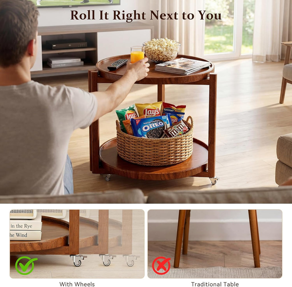 Taitiy Rolling Side Table with Wheels, Solid Wood Round End Table with Storage Shelf, 2 Tier Mobile Side Table for Couch & Small Spaces, Wooden Bedside Table with Lockable Casters, Walnut 21.5"