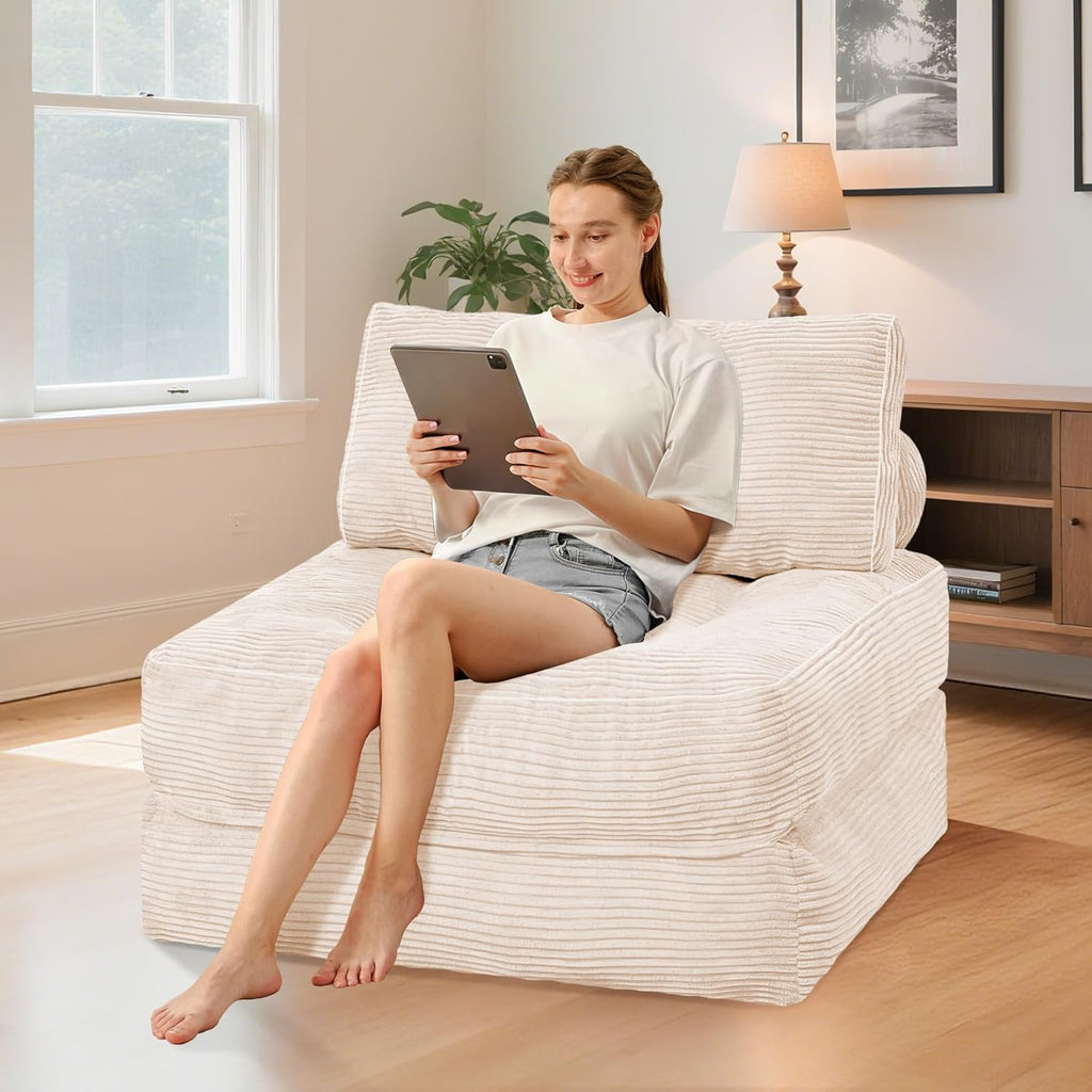 HABUTWAY Folding Sofa Bed, Convertible Sleeper Chair Bed w/Dual-Pillow & Handle, Foldable Floor Sofa Lounge w/Back Support for Living Room, Bedroom, Apartment, Office, Single, Beige