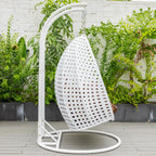 LeisureMod 2 Person Hanging Egg Chair, Indoor Outdoor Patio Lounge Swing with White Stand & UV-Resistant Cushions, Hammock Chair for Bedroom & Garden, Brown