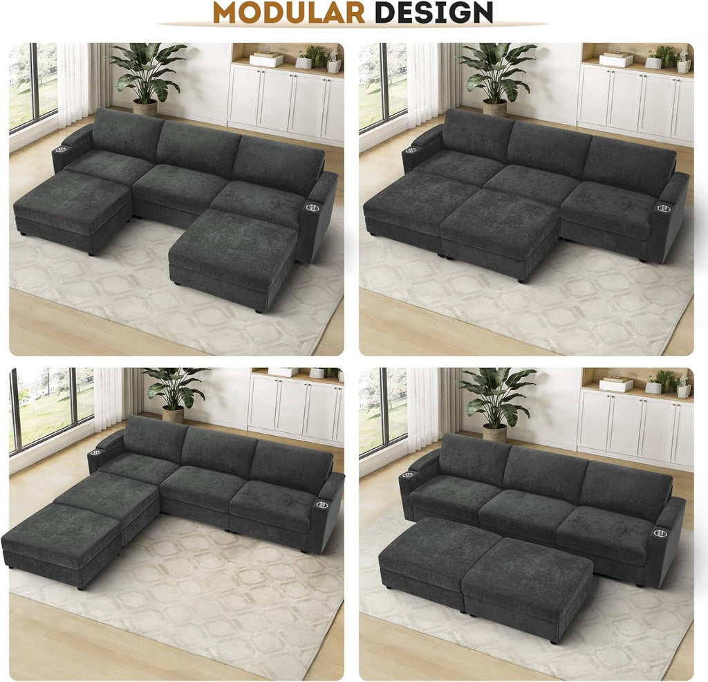 108'' Chenille Sectional Couch with Storage Armrests,U Shaped Upholstered Sofa with 2 Movable Ottomans, 5-Seat Modular Couch with Cup Holders for Living Room, Grey