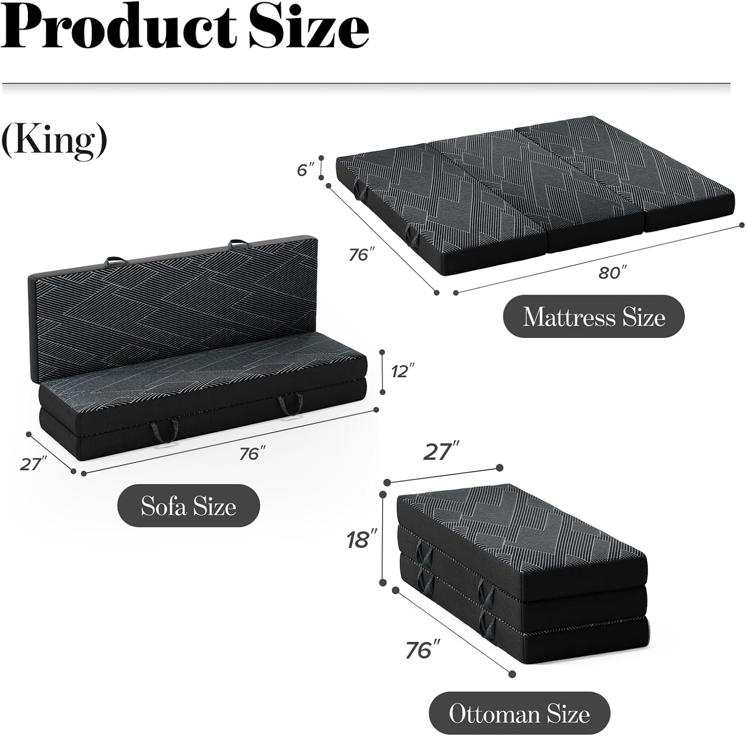 Tri Folding Mattress King Size - Foldable Mattress Trifold Memory Foam Mat with Washable Cover, Handle & Non-Slip Bottom Portable Foldable Floor Sofa Bed for Travel Camping Guest - 6 Inch, 80"x76"x6"