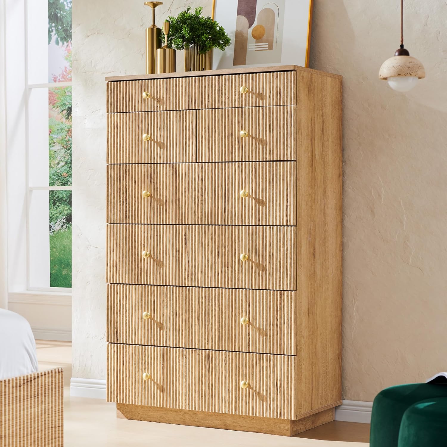 Fluted Dresser for Bedroom, 48" H 7 Drawer Dressers, Wood Tall Dresser Storage Organizer, Modern Bedroom Chest with Deep Storage for Closet Hallway, Entryway, Living Room Natural