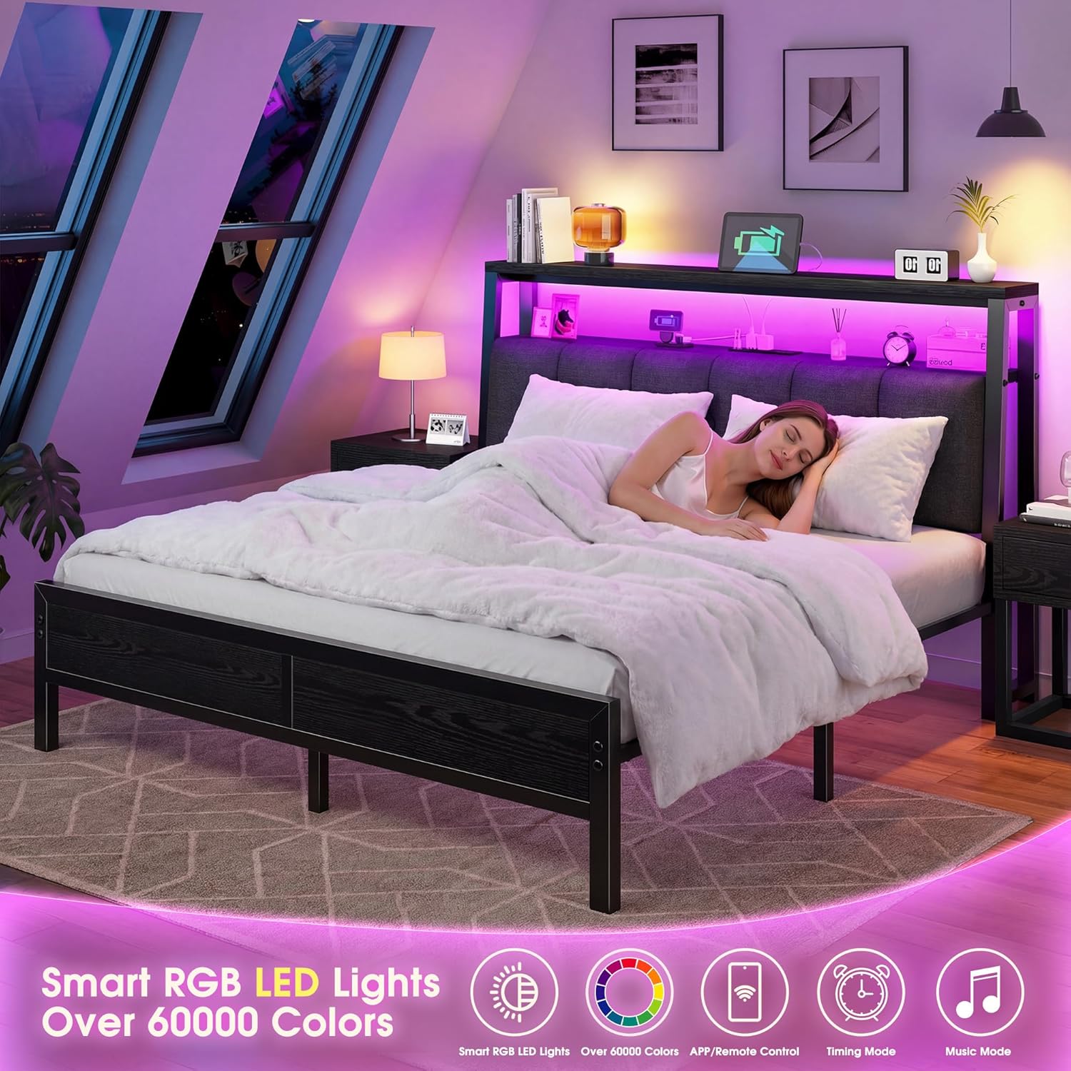 Full Size Bed Frame Smart RGB LED Lights, Grey Upholstered Headboard with Charging Station Type C&2-Tier Storage Shelves,12" Under-Bed Storage, Noise-Free,Easy Assembly,Black