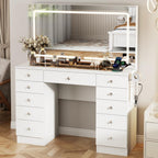White Makeup Vanity, 11 Drawers Vanity Mirror with Lights, Makeup Vanity Desk with 3 Lighting Modes Adjustable Brightness, Vanity with Glass Top for Bedroom