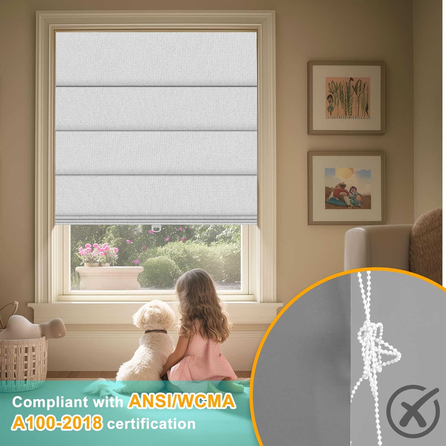 BERISSA Cordless Roman Shades for Windows Blackout,Pull Down Linen Fabric Roman Blinds,Privacy Window Shades for Door Windows,Bedroom,Office,Easy to Install,Misty White,72" W x 78" H.